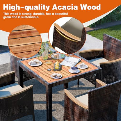 Shintenchi 5 PCS Patio Dining Set, Wicker Outdoor Table and Chairs with Soft Cushions, Patio Furniture Set with Wood Table Top for Backyard, Deck and Garden, Brown Wicker