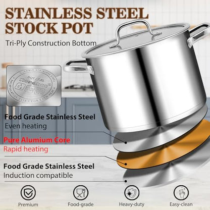 Rorence Stainless Steel Stock Pot, Tri-Ply Base Large Pot Induction Cooking Pot with Lid for All Stoves, Oven & Dishwasher Safe, 8-Quart