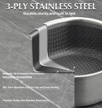 KOCH SYSTEME CS Hybrid Nonstick Stainless Steel Saucepan Set, 6-Piece Triply Stainless Steel Saucepan Set with Hybrid Honeycomb Interior, 1QT & 2QT & 3QT Sauce Pans, Induction Ready, Steel Pot Set
