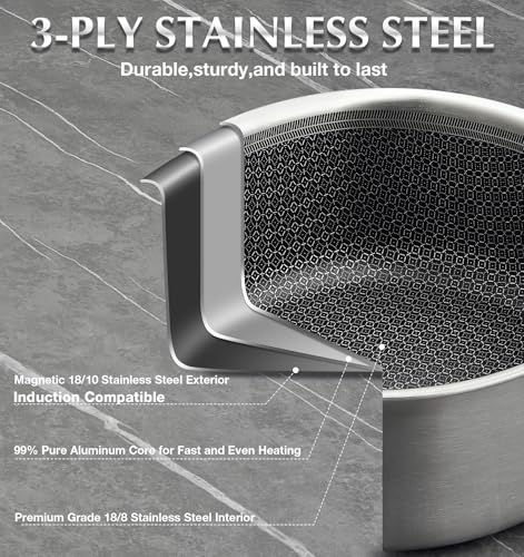KOCH SYSTEME CS Hybrid Nonstick Stainless Steel Saucepan, 2 Quart Tri-Ply Stainless Steel Sauce Pan with Nonstick Honeycomb Interior, Hybrid Sauce Pan with Lid, Small Steel Pot, Induction Compatible