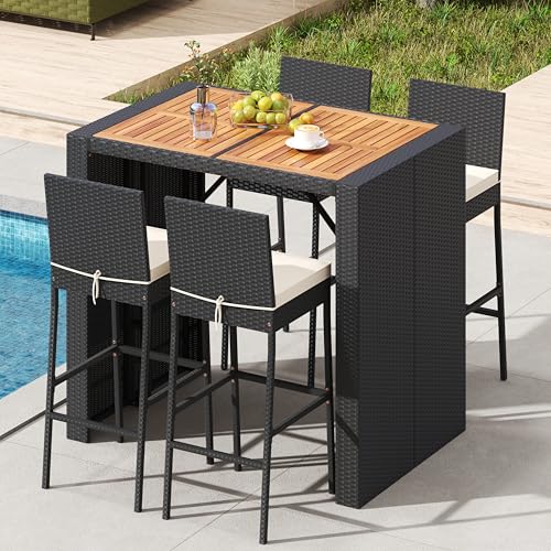 RELAX4LIFE 5-Piece Outdoor Bar Set - Wicker Rattan Bar Height Dining Table w/Acacia Wood Top & 4 Bar Stools Chairs w/Seat Cushions, Backrest, Footrest, Outside Patio Bistro Set for Backyard (47.5'')