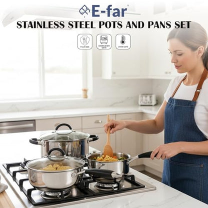 E-far 10-Piece Stainless Steel Cookware Set - Induction Tri-Ply Base Pots and Pans, Non-Toxic Kitchen Cooking Set w/Stay-Cool Handle, Frying Pans, Saucepans, Stockpot with lid, Oven & Dishwasher Safe