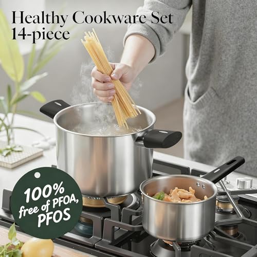 ASKSCICI Stainless Steel Cookware Set, 14-Piece Pots and Pans Set, Kitchen Cookware Set with Stay-Cool Handle, Non-Toxic, Dishwasher Safe & Compatible with All Stovetops (Gas, Electric & Induction)