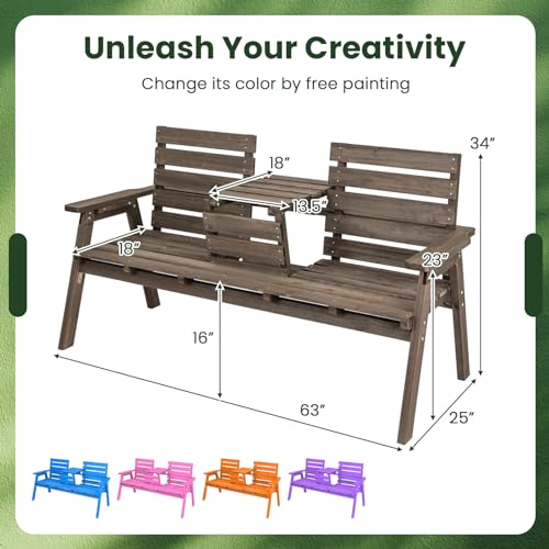 Tangkula Outdoor Fir Wood Bench with Foldable Middle Table, 2-3 Person Garden Bench with Backrest and Armrests, 710 lbs Weight Capacity, Slatted Seat Bench for Porch, Patio, Backyard