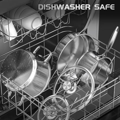 Meythway Pots and Pans Set Non Toxic, 16PCs Stainless Steel Cookware Set with Steamer, Kitchen Induction Cookware with Utensil Sets, Pot Protectors and Apron For Oven & Dishwasher Safe