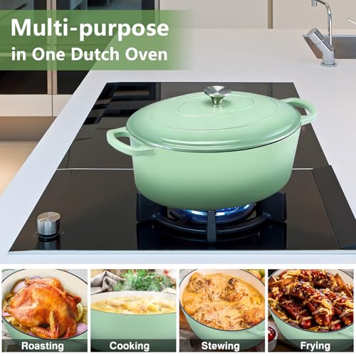 P&P CHEF Oval Dutch Oven with Lid, Enameled Cast Dutch Oven Pot for Bread Baking, Braising, Stewing, Roasting, Non-Stick & Oven Safe, Dual Handles & Easy Clean, 5QT & Pistachio Green, Valentine's Day