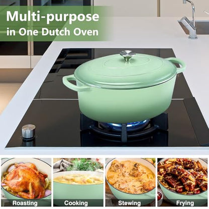 P&P CHEF Oval Dutch Oven with Lid, Enameled Cast Dutch Oven Pot for Bread Baking, Braising, Stewing, Roasting, Non-Stick & Oven Safe, Dual Handles & Easy Clean, 5QT & Pistachio Green, Valentine's Day