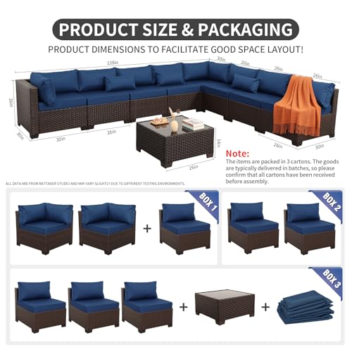 Rattaner 9 Pieces Outdoor Sectional All-Weather HDPE Brown Wicker Patio Furniture Set Patio Sectional and Glass Patio Table Non-Slip Cushions and Waterproof Covers, Navy Blue