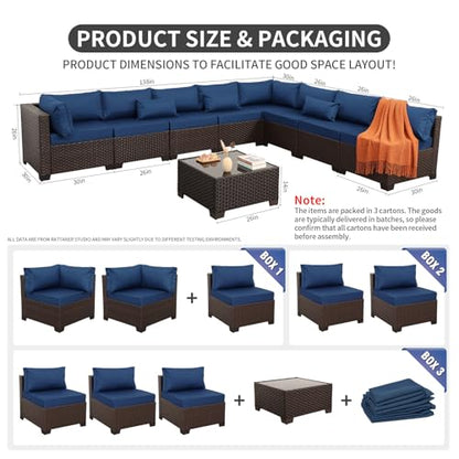 Rattaner 9 Pieces Outdoor Sectional All-Weather HDPE Brown Wicker Patio Furniture Set Patio Sectional and Glass Patio Table Non-Slip Cushions and Waterproof Covers, Navy Blue