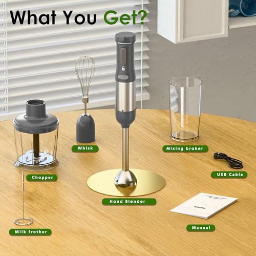 WHUTO Cordless Immersion Hand Blender, 5-in-1 Variable Speed blender handheld,Rechargeable with 2000mAh Battery, BPA-Free & Dishwasher-Safe Accessories:700ml Beaker,Chopper,Whisk & Milk Frother,Grey