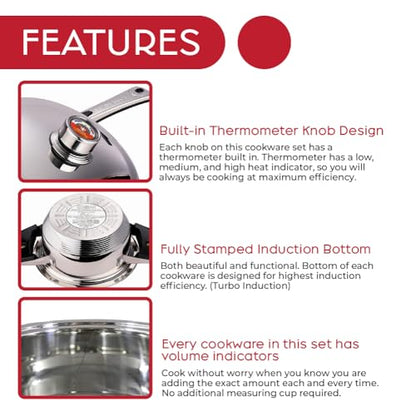Swiss Inox 18-Piece Stainless Steel Cookware Set, Includes Induction Compatible Fry Pots, Pans, Saucepan, Casserole