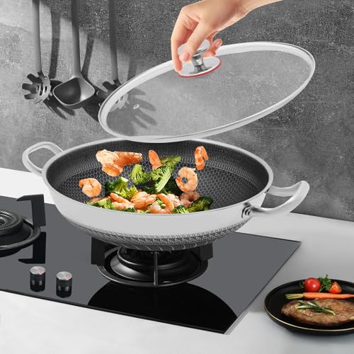 Wtobybt 36cm/14in Stainless Steel Pan with Lid, Double-Handled Frying Pan Hybird Induction Cooking Pans Round Wok for Induction Cookers Electric Ceramic Stoves Electric Stoves