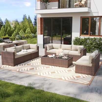 LazySunsets 10 Piece Outdoor Patio Furniture Set with Coffee Table, Outdoor Patio Furniture Sets with Thicken Cushion, Wicker Rattan Outdoor Conversation Set for Backyard & Garden, Beige