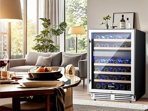BODEGA 24 Inch Wine Cooler, Wine cooler refrigerator with Double-Layer Glass Door, Dual Zone Wine Fridge with Digital Temperature Control and Temperature Memory, 46 Bottles wine coolers for home.