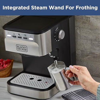 Black+Decker Semi-Automatic 15 Bar Espresso and Cappuccino Maker, Versatile Machine with Ability to use Grounds or ESE Pods to Make Your Perfect Cup of Coffee
