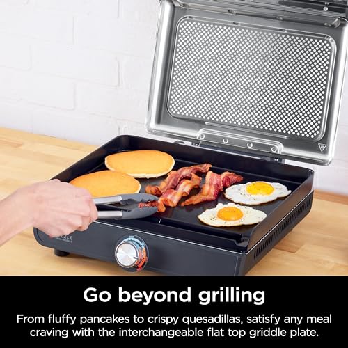 Ninja GR101 Sizzle Smokeless Indoor Grill & Griddle, 14′′ Interchangeable Nonstick Plates, Dishwasher-Safe Removable Mesh Lid, 500F Max Heat, Even Edge-to-Edge Cooking, Grey/Silver (Renewed)