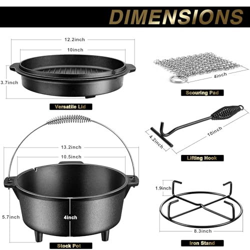 Joyfair Pre-seasoned Cast Iron Dutch Oven Set, Camp Dutch Pot & Griddle Skillet, 5QT Pot & 2QT Lid, Lid Lifter/Iron Stand/Cleaner, For Stewing, Baking, Sourdough Bread