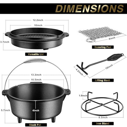 Joyfair Pre-seasoned Cast Iron Dutch Oven Set, Camp Dutch Pot & Griddle Skillet, 5QT Pot & 2QT Lid, Lid Lifter/Iron Stand/Cleaner, For Stewing, Baking, Sourdough Bread