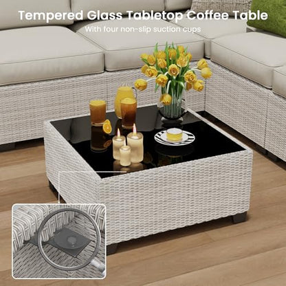 olimix 8 Piece Outdoor Patio Furniture Set, Outdoor Sectional Furniture, Rattan & Wicker Modern Modular Conversation Set Sofa Couch W/Water Resistant Washable Thick Cushions and Coffee Table, Beige