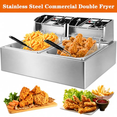 CooFel 20QT Electric Deep Fryer with Dual Baskets & Lids, 5000W Commercial Countertop Stainless Steel Double Tank Fryer with Temperature Control, for Restaurant & Home Use