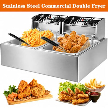 CooFel 20QT Electric Deep Fryer with Dual Baskets & Lids, 5000W Commercial Countertop Stainless Steel Double Tank Fryer with Temperature Control, for Restaurant & Home Use