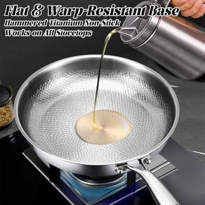 ASHPWD Titanium Frying Pan for Cooking, Hammered Non-Stick Titanium Pan with Lid, Scratch-Resistant & Durable Titanium Skillet for Healthy Cooking (9inch)