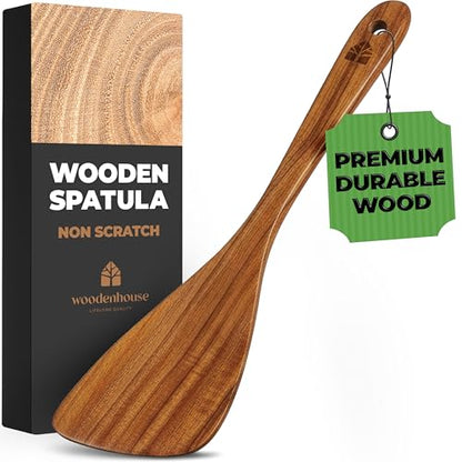 Wooden Spatula for Cooking, 12 Inch - Easy to Clean, Long-Lasting & Sturdy Natural Acacia Wood Spatula for Cooking - Wooden Spatulas with Comfortable Handle, Perfect for Flipping, Turning & Frying