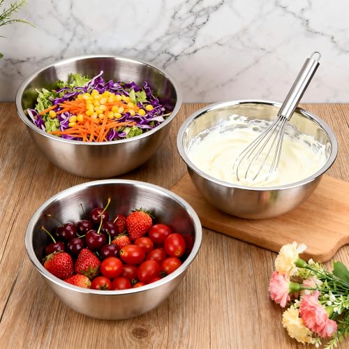 fecoqi 3-Piece Stainless Steel Mixing Bowls (7.1") Metal Bowl Set with Measurement Marks, Dishwasher Safe & Stackable - Perfect for Baking, Salad Making, Meal Prep and Kitchen Use