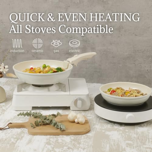 Ceramic Cookware Set Non Stick 8Pcs Pots and Pans Set Detachable Handle Induction Kitchen Cooking Set with Frying Pans Oven Dishwasher Safe, PFAS/PFOA Free, Cream White