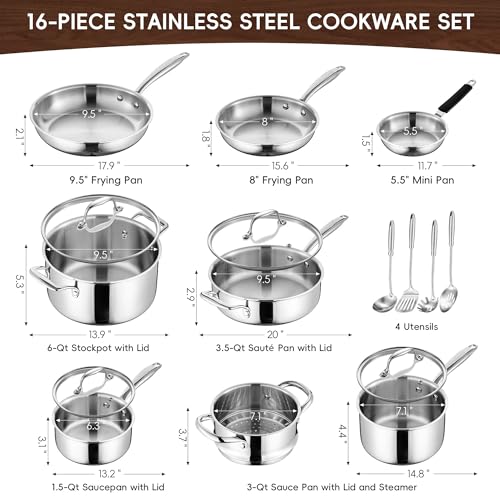 SuperCook Tri Ply Stainless Steel Cookware Set, 16-Piece Pots and Pans Set with Kitchen Utensils and Steamer, Non-Toxic, Multiclad, Induction Oven Compatible, Dishwasher Safe