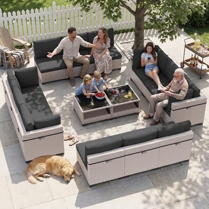 SnugVista Patio Furniture Set, 14-Piece Outdoor Sectional Sofa with 2-Layer Glass Coffee Table, Wicker Patio Conversation Set with Black Cushions for Backyard, Poolside, Porch