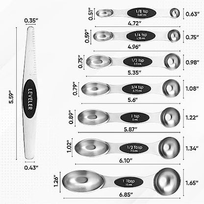 Spring Chef Magnetic Measuring Cups & Spoons Set, Patented, Strong N45 Magnets, Heavy Duty Stainless Steel Fits in Spice Jars for Baking & Cooking, BPA Free, Round Set of 15 with Leveler, Black