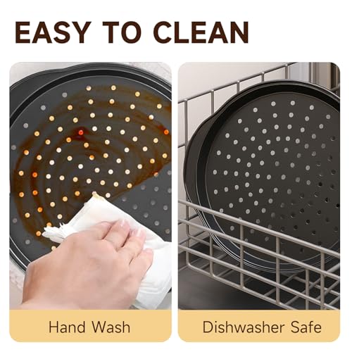 Arimagroup 2 Pack 13 Inch Pizza Pan for Oven,Round Carbon Steel Pizza Pan with Holes, Pizza Tray with 2 Silicone Gloves，for Baking, Grilling