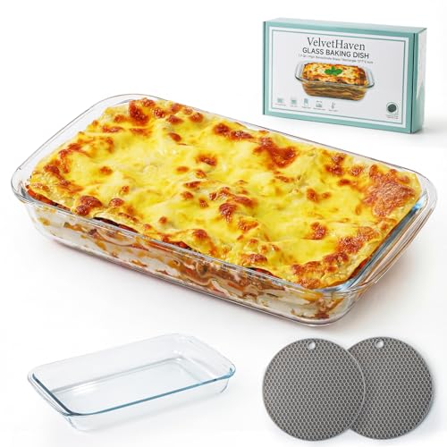 1.7 Quart Glass Baking Dishes for Oven, 7x12 Inch Borosilicate Glass Baking Dish, Lasagna Baking Dish with 2 Silicone Trivet Mats and Exquisite Design Packaging