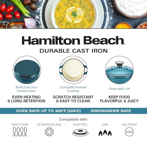 Hamilton Beach 3-Quart Enameled Cast Iron Dutch Oven, Navy with Cream Interior | Even Heat Distribution & Easy-Grip Handles | Ideal for Braising, Roasting,Stewing & Bread Baking