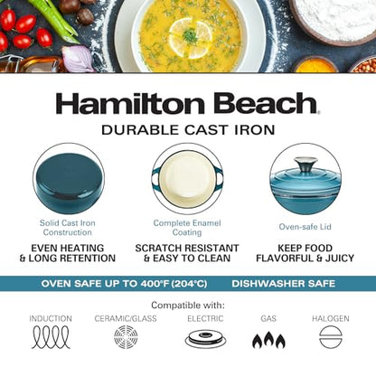 Hamilton Beach 3-Quart Enameled Cast Iron Dutch Oven, Navy with Cream Interior | Even Heat Distribution & Easy-Grip Handles | Ideal for Braising, Roasting,Stewing & Bread Baking