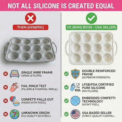 BAKE BOSS 2-Pack Silicone Muffin Pan for Baking with Metal Reinforced Frame -12 Cup Regular Size Cupcake Pan, BPA Free Silicone Muffin Tray - Cupcake Baking Pan Molds for Oven & Dishwasher Safe