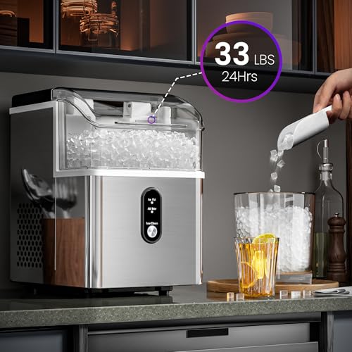 Kismile Nugget Ice Maker Countertop, 33 Lbs/Day,Self-Cleaning,Steel