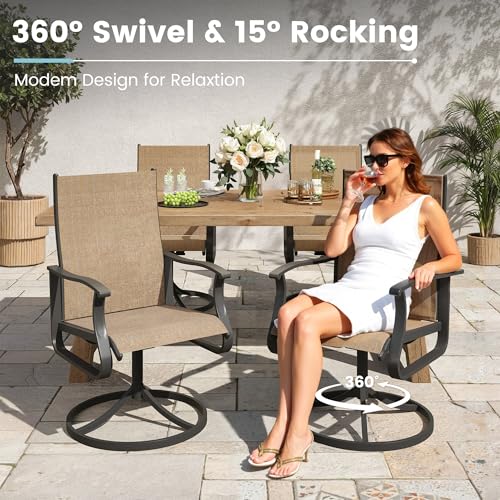 VONZOY 7 Pieces Patio Dining Set, Patio Outdoor Furniture Set of 6 Patio Swivel Dining Chairs and Patio Spliced Rectangular Tabletop with Umbrella Hole, for Deck, Backyard, Poolside & Garden