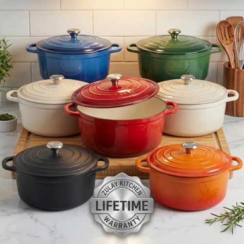 Zulay Kitchen 6.4QT Enameled Cast Iron Dutch Oven Pot with Lid, Heavy-Duty Soup Pot for Stews, Braising, Roasting & Sourdough Bread Baking, Oven Safe up to 500°F - Ablaze Red