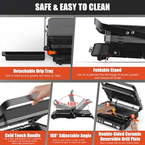 CATTLEMAN Panini Grill Press Sandwich Maker with Removable Plates, 1600W, 6 in 1 Waffle Maker & Electric Indoor Grill with Meat Thermometer, PFAS Free Ceramic Nonstick Reversible Plates, Opens Flat