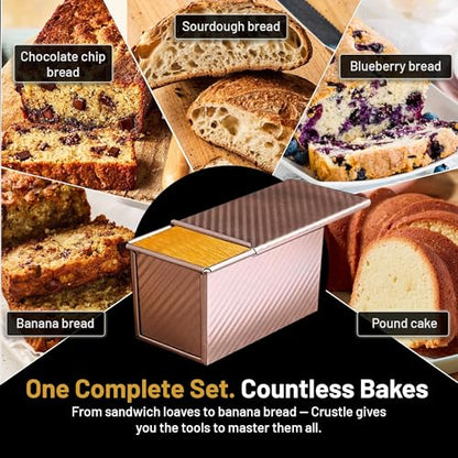 CRUSTLE 5-Pack Pullman loaf pan with Lid – Sourdough Loaf Pan Set, Includes Dough Scraper, Whisk, Silicone Cleaning Brush & Bread Cutter – Long Loaf Pan with Lid for Homemade Loaf