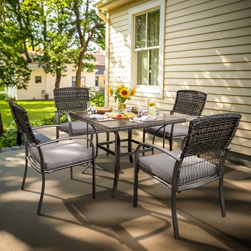 Pamapic 5-Piece Outdoor Furniture Set, Rattan Patio Dining Set with Weather-Resistant Iron Slats Table, 4 Stackable Chairs & Removable Cushions for Backyard, Deck, Garden (Grey)