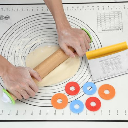 Unokit Rolling pin 3-Piece Set, 17.5" Rolling Pin with Adjustable Thickness Rings, Wooden Dough Roller, Rolling Pins for Baking Pizza, Pasta, Bread - Baking Essentials