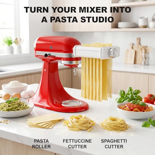 Pasta Attachment for KitchenAid Stand Mixers, 3 in 1 Pasta Maker Set for Kitchenaid, Includes Pasta Roller, Pasta Cutter and Fettuccine Cutter with Cleaning Brush