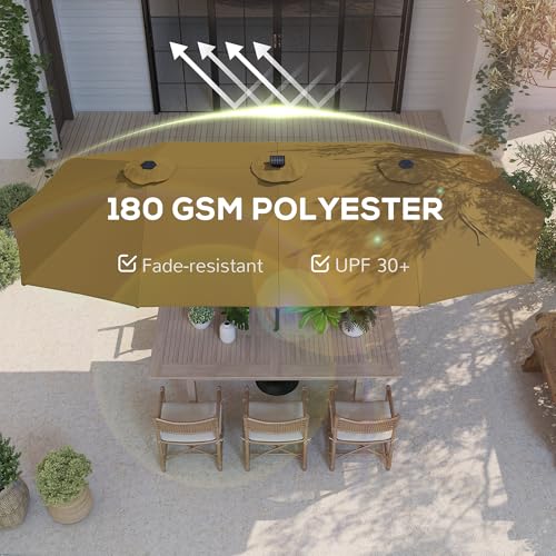 Outsunny 13ft Large Patio Umbrella with Solar Lights, Rectangular Double-Sided Outdoor Market Umbrella with Crank Handle and 48 LED Bulbs for Garden, Pool and Backyard, UPF 30+, Khaki