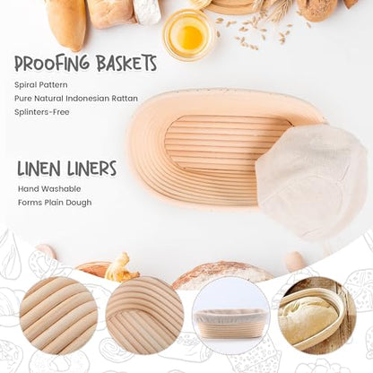 DOYOLLA Bread Proofing Baskets Set of 2 10 inch Oval Shaped Dough Proofing Bowls w/Liners Perfect for Professional & Home Sourdough Bread Baking