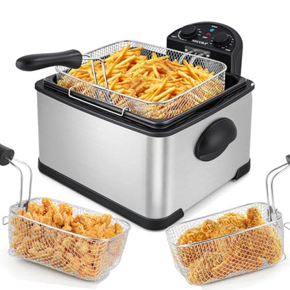 Secura 4 Liters / 17-Cup Stainless-Steel 1700-Watt Electric Deep Fryer with Timer Free Extra Odor Filter, Triple Basket, 4.5 Quarts, Silver