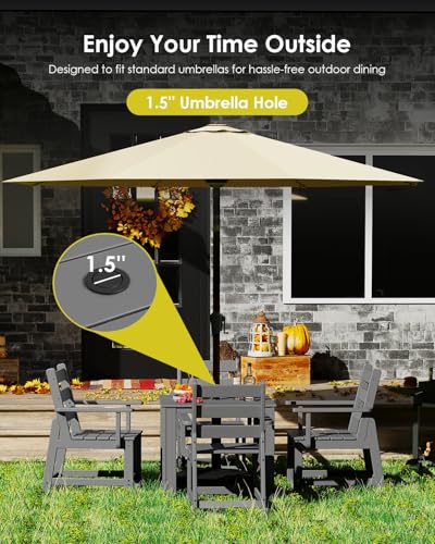 GREENVINES 5-Piece-Outdoor-Dining-Set | HDPE | Square | Patio Furniture | Table and Chairs Sets for 4 | All Weather | Removable Armrests | Umbrella Hole | for Backyard Poolside Garden | Grey