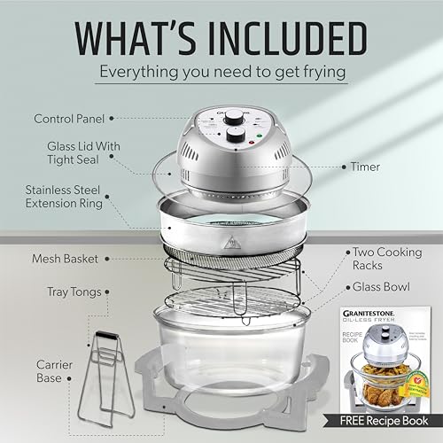 Granitestone 16Qt Large Glass Air Fryer Non Toxic – Family Sized Airfyrer Cooker with 3 Cooking Sections, Stainless Steel Racks, for French Fries, Chicken, No Preheat, Self Cleaning, Dishwasher Safe
